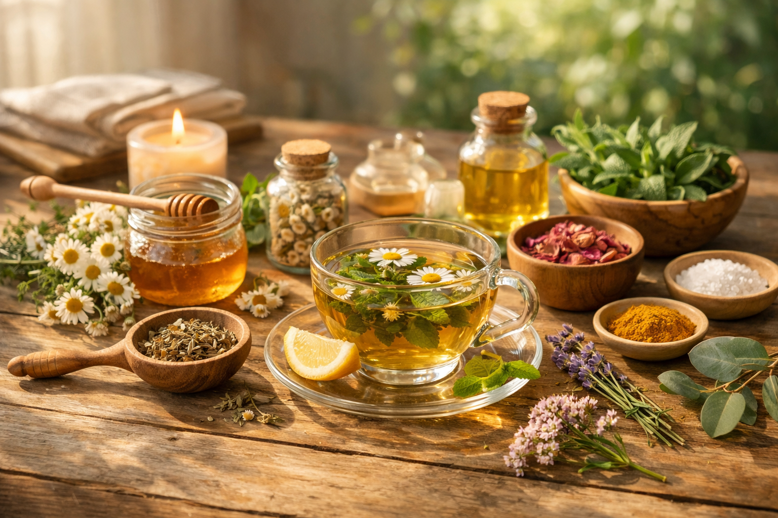 peaceful morning scene with herbal tea, fresh botanicals, and natural wellness ingredients on a wooden table bathed in soft sunlight