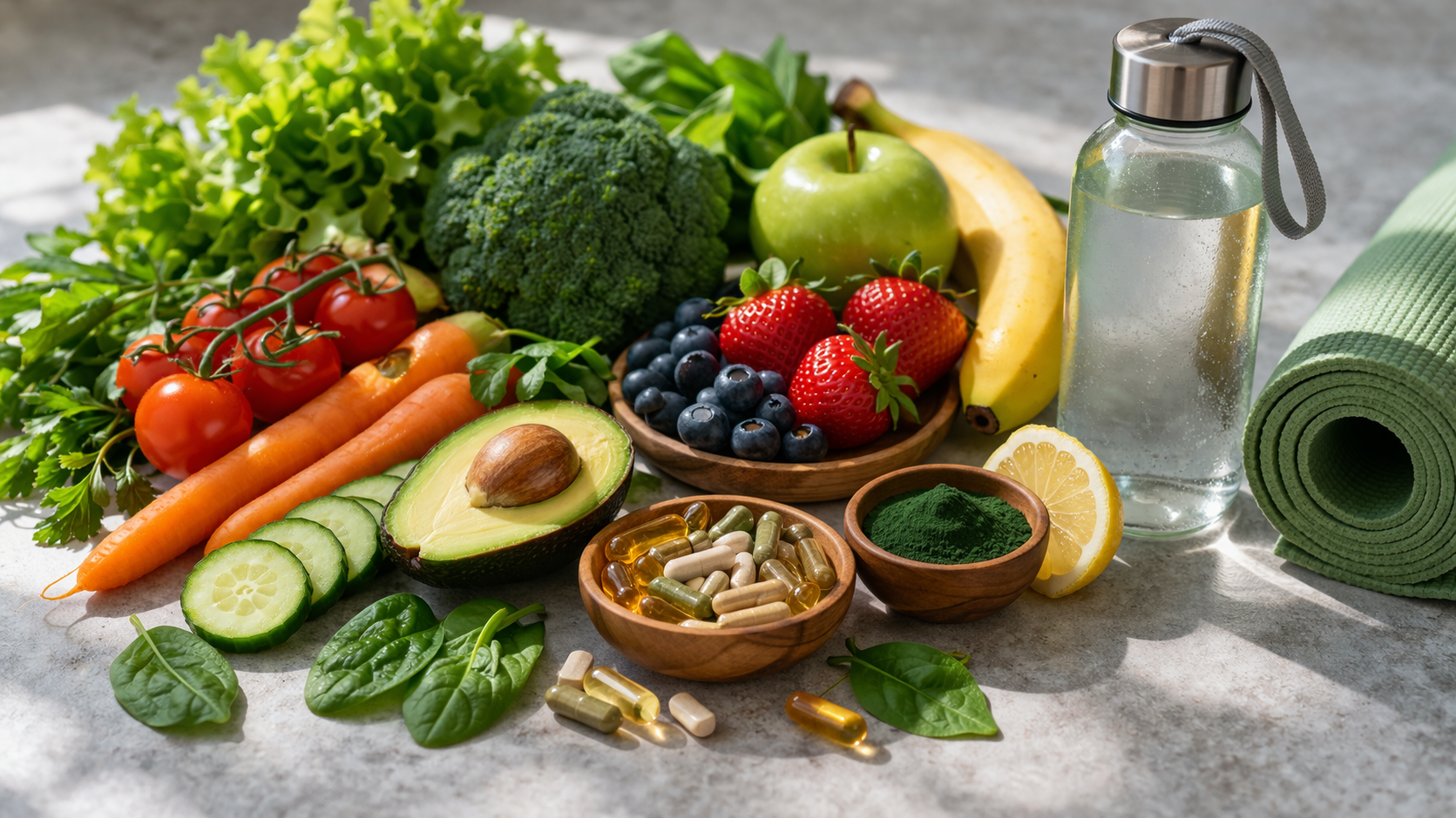 vibrant healthy lifestyle composition with fresh vegetables, fruits, natural supplements, yoga mat and water bottle in bright natural lighting